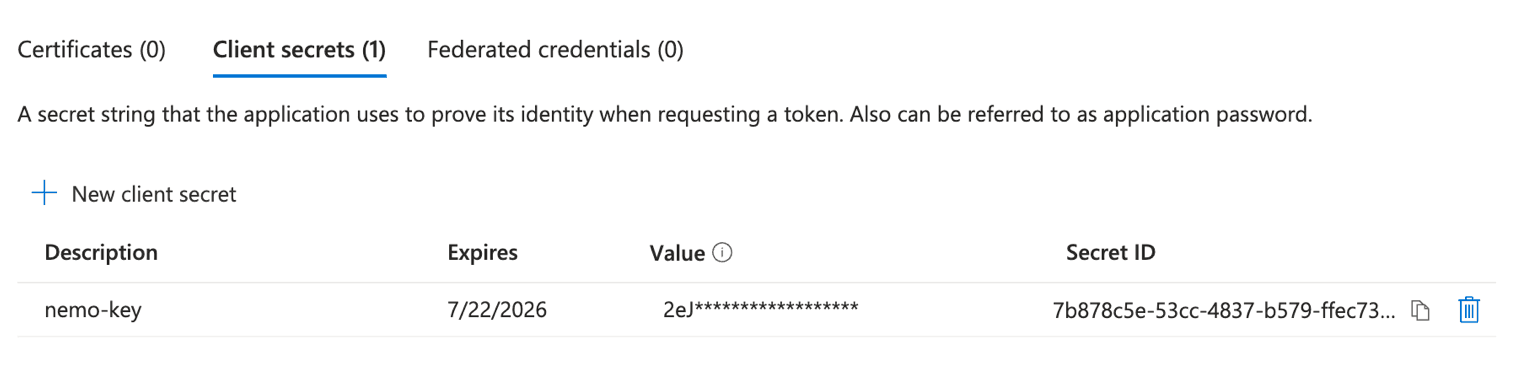 Certificates & secrets with the "New client secret" button and a created client secret