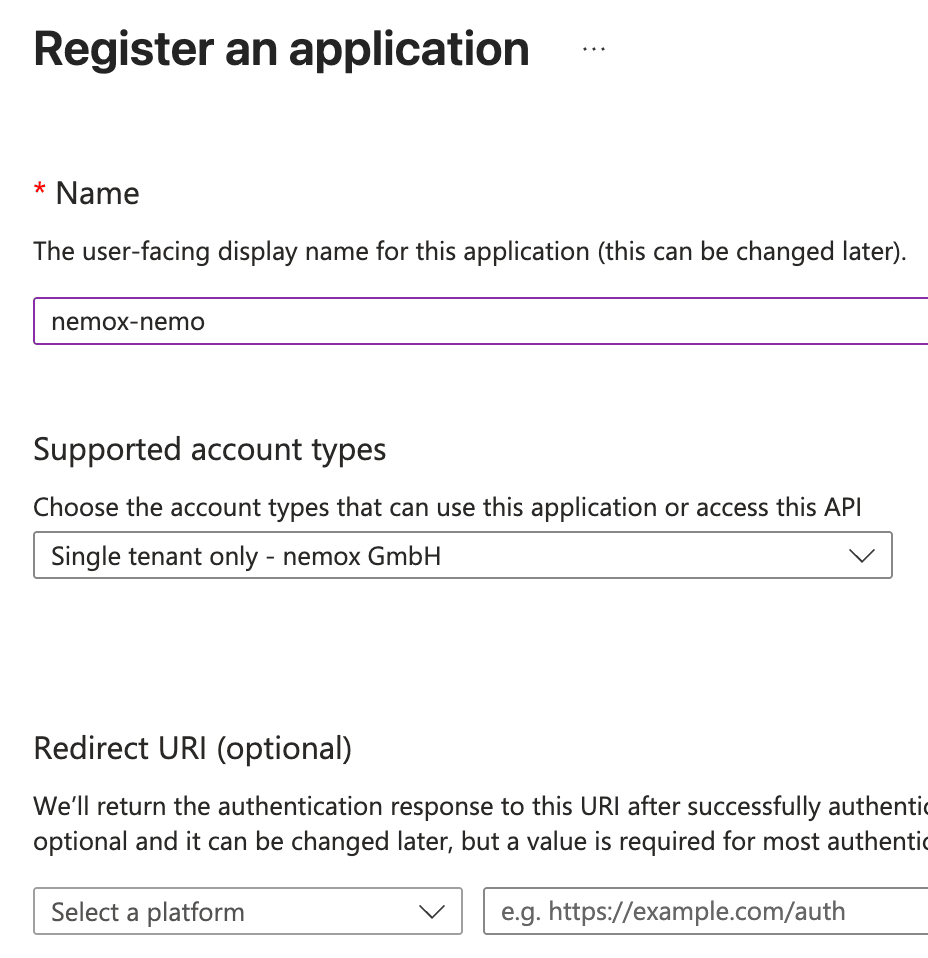 The "Register an application" form with the name nemox-nemo and default settings