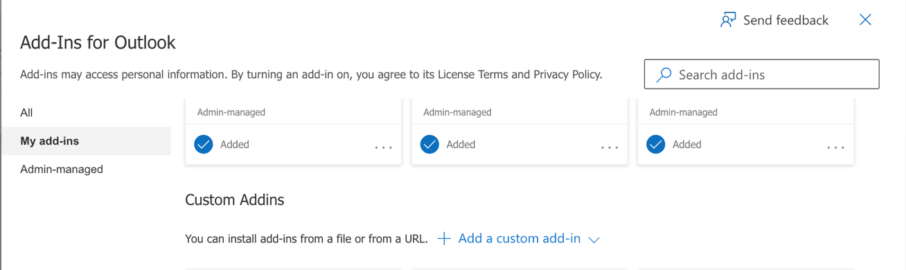 The "Add-Ins for Outlook" dialog with "My add-ins" selected, showing the "Custom Addins" section and the "Add a custom add-in" link