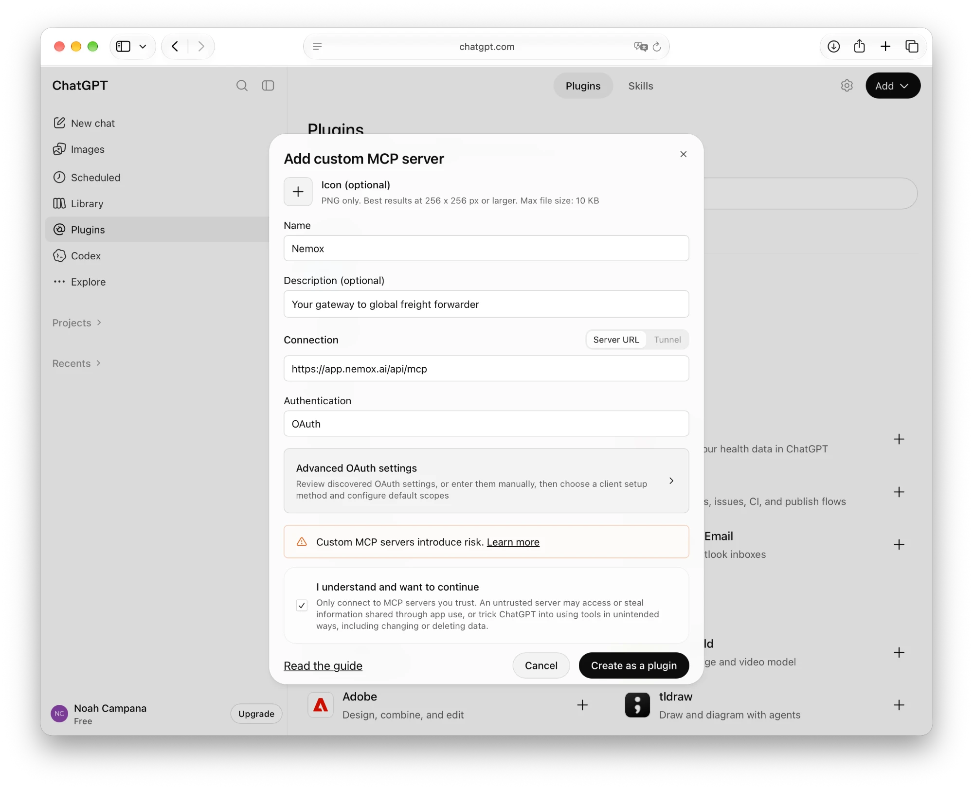 Paste the values below into the fields of the same name and choose “OAuth”. Tick “I understand and want to continue” and click “Create as a plugin”.